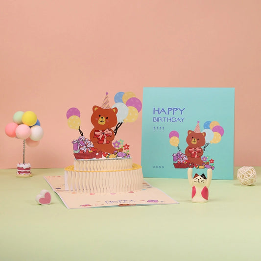 Open 3D birthday greeting card with cute bear, colorful balloons and birthday cake design