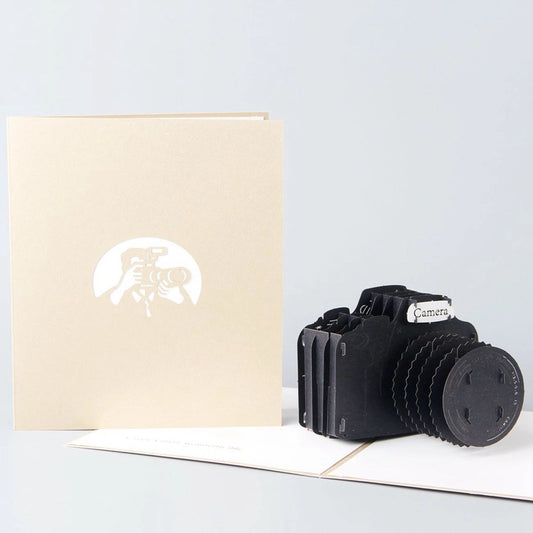 Open 3D camera greeting card featuring a black vintage camera pop-up design