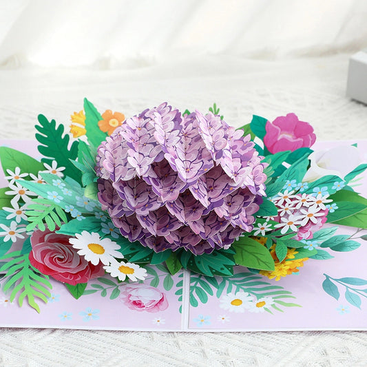 3D purple hydrangea flower bouquet pop-up card opened