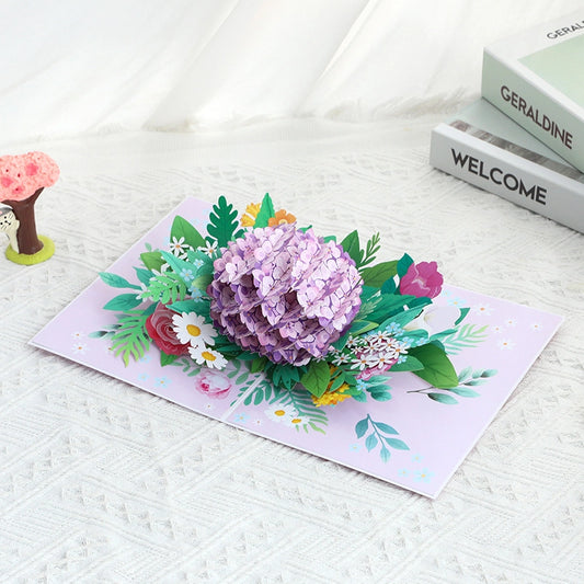 3D hydrangea pop-up greeting card featuring a colorful paper flower bouquet