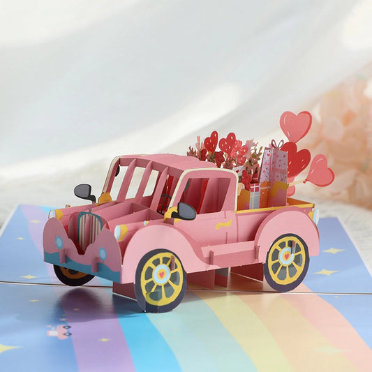 3D pink love car pop-up card with flowers gifts and hearts
