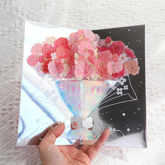 3D pink rose bouquet pop-up card with colorful flowers