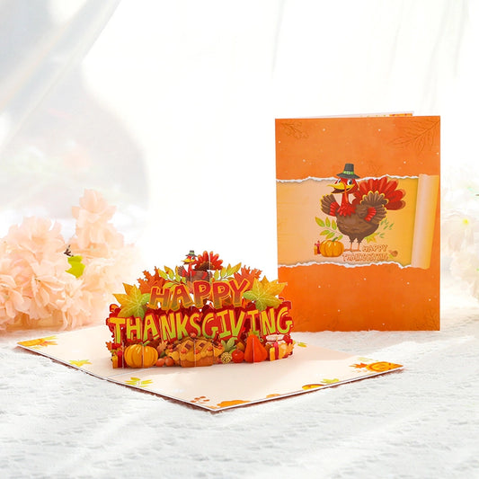 3D pop-up Thanksgiving card with turkey pumpkins and Happy Thanksgiving message