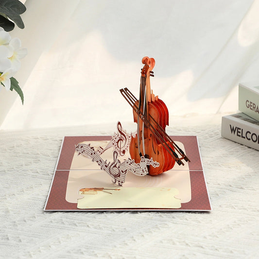 Open 3D violin greeting card with a realistic violin and musical notes pop-up design