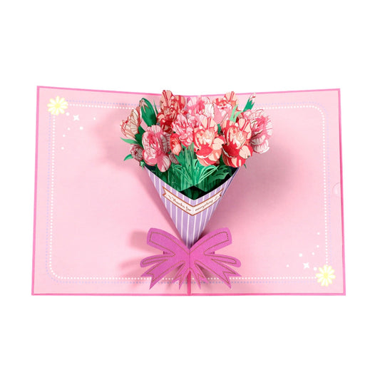 3D Pop Up Pink Flower Bouquet Greeting Card – Best Wishes Handmade Gift Card with Envelope