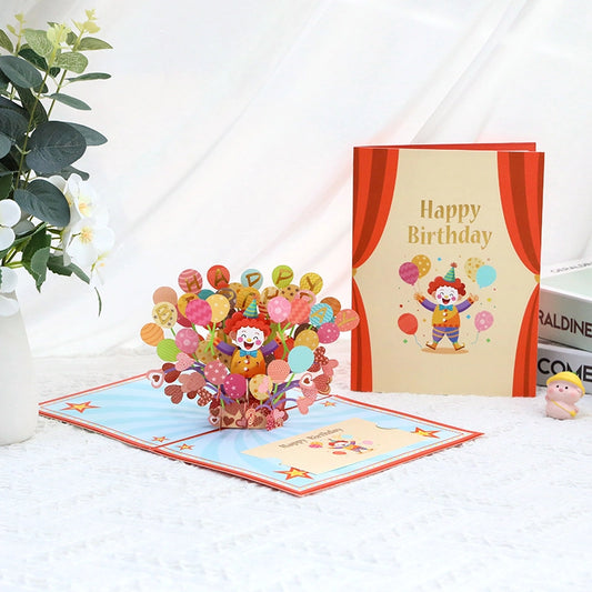 3D pop-up birthday card with colorful balloons and clown