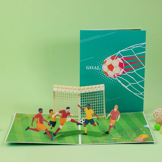 3D pop-up soccer card with players and goal