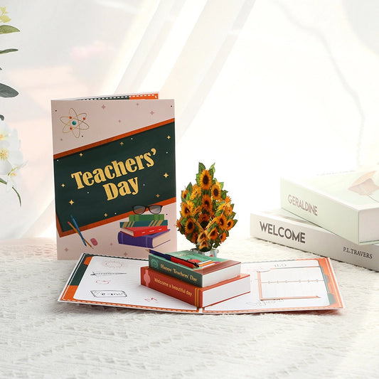 3D Pop-Up Teacher's Day Card with sunflower bouquet and books