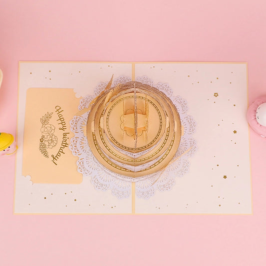 Open 3D birthday cake pop-up greeting card viewed from above