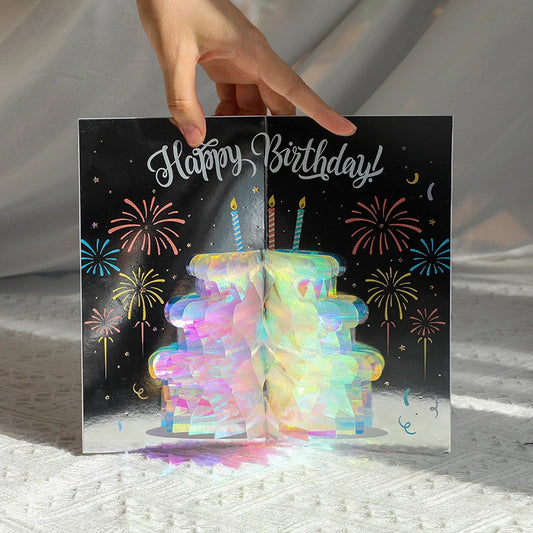 Open 3D birthday card featuring a holographic pop-up cake
