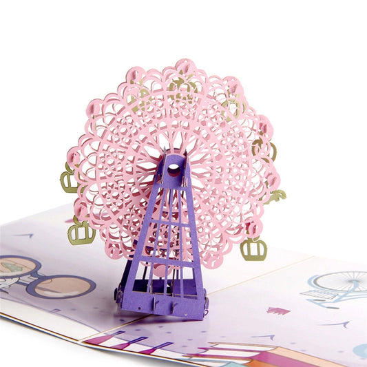 Side view of the standing 3D Ferris wheel structure showing depth and purple support base.