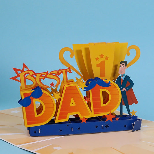 Close up of Best Dad 3D pop up greeting card with trophy