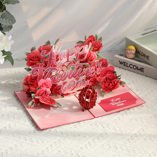 Close up of intricate paper rose bouquet and Happy Valentine's Day text on 3D greeting card