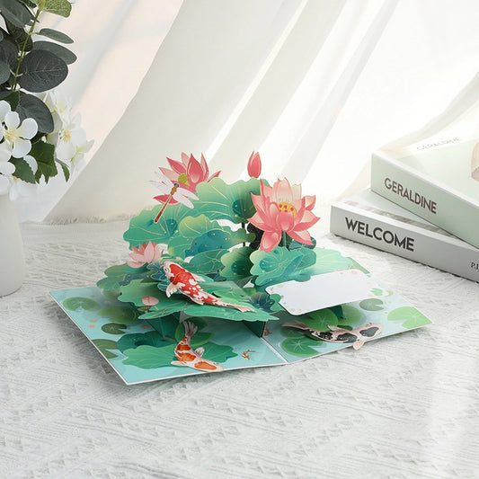Lotus and koi fish 3D pop-up greeting card opened with colorful flowers and pond scene