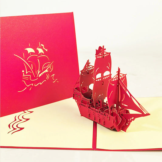 AOO POP red sailing ship 3D pop-up card opened with detailed paper craft design