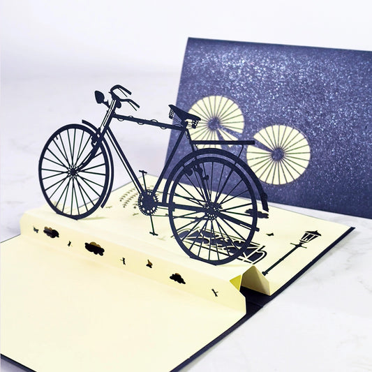 3D pop-up vintage bicycle greeting card displayed open