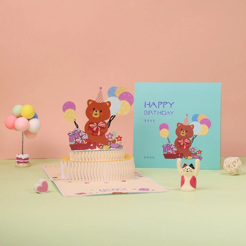 Open 3D birthday greeting card with cute bear, colorful balloons and birthday cake design
