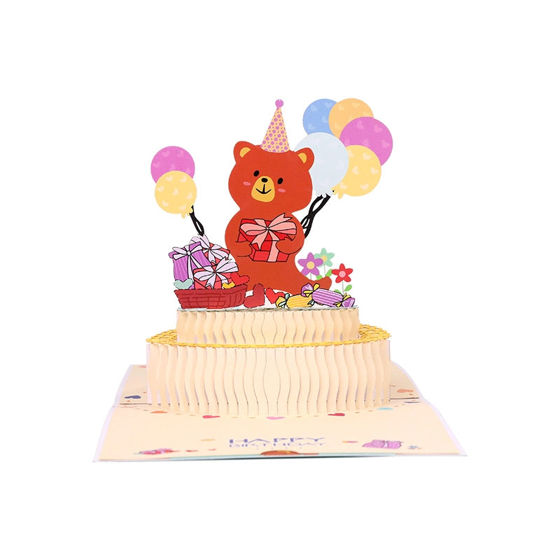3D pop-up birthday card featuring a cute bear wearing a party hat