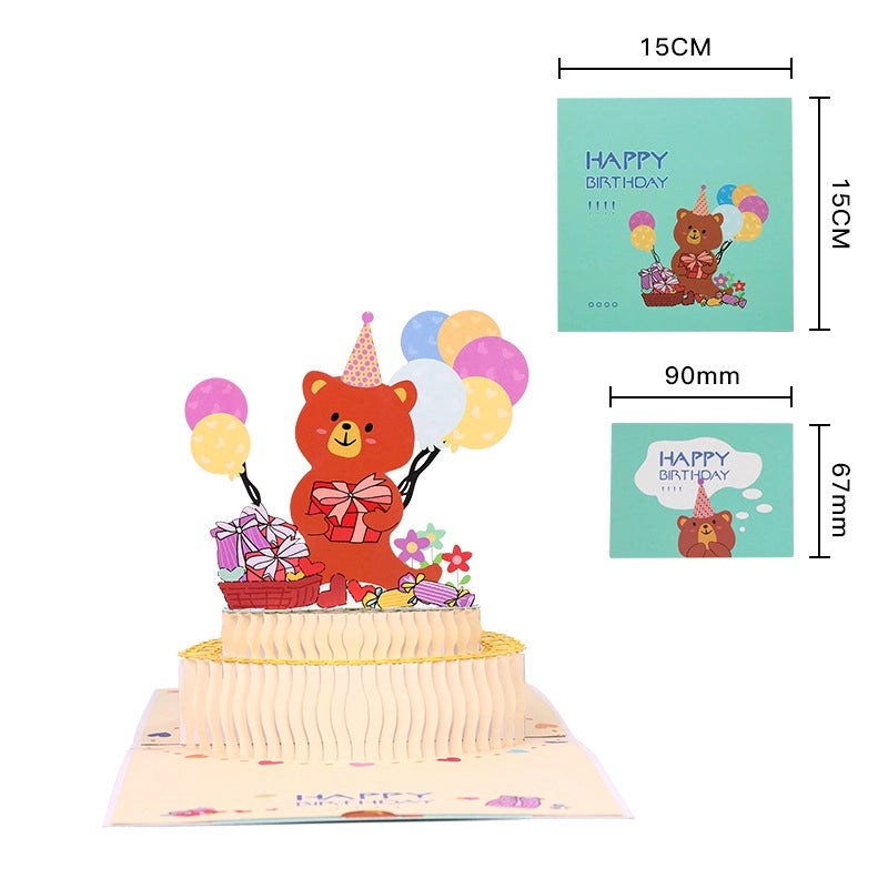 Cute bear 3D birthday pop-up card showing 15 x 15 cm card size and message insert