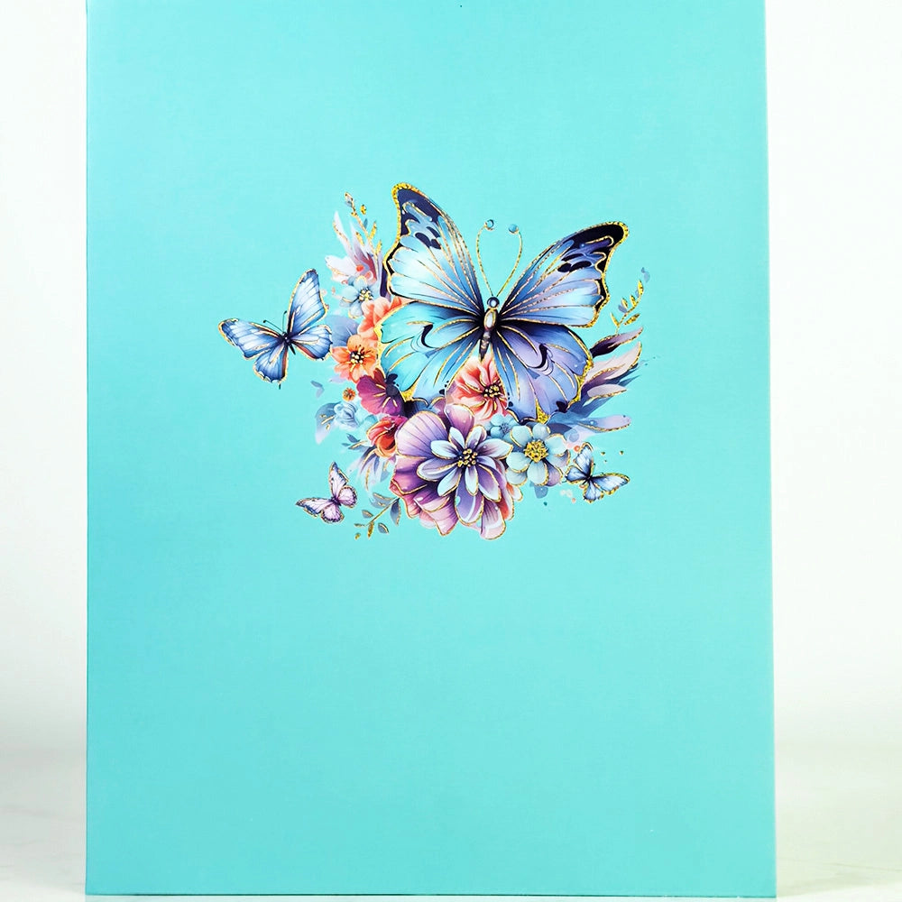 Turquoise butterfly flower greeting card front cover