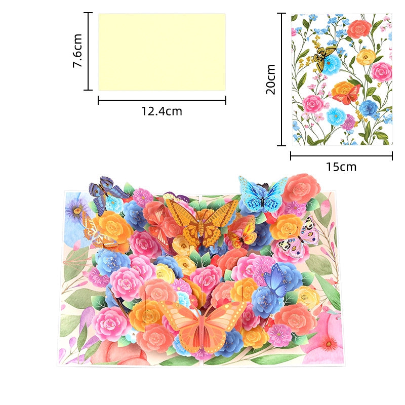 Butterfly garden 3D pop-up card dimensions, showing 15cm x 20cm open size and colorful flower bouquet design