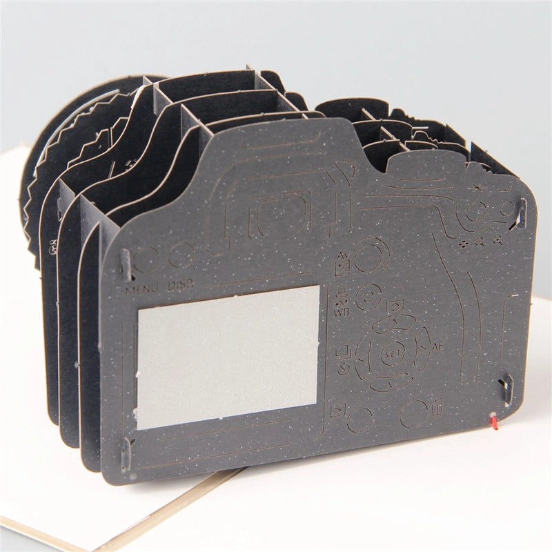Side view of black vintage camera 3D pop-up card showing layered paper construction