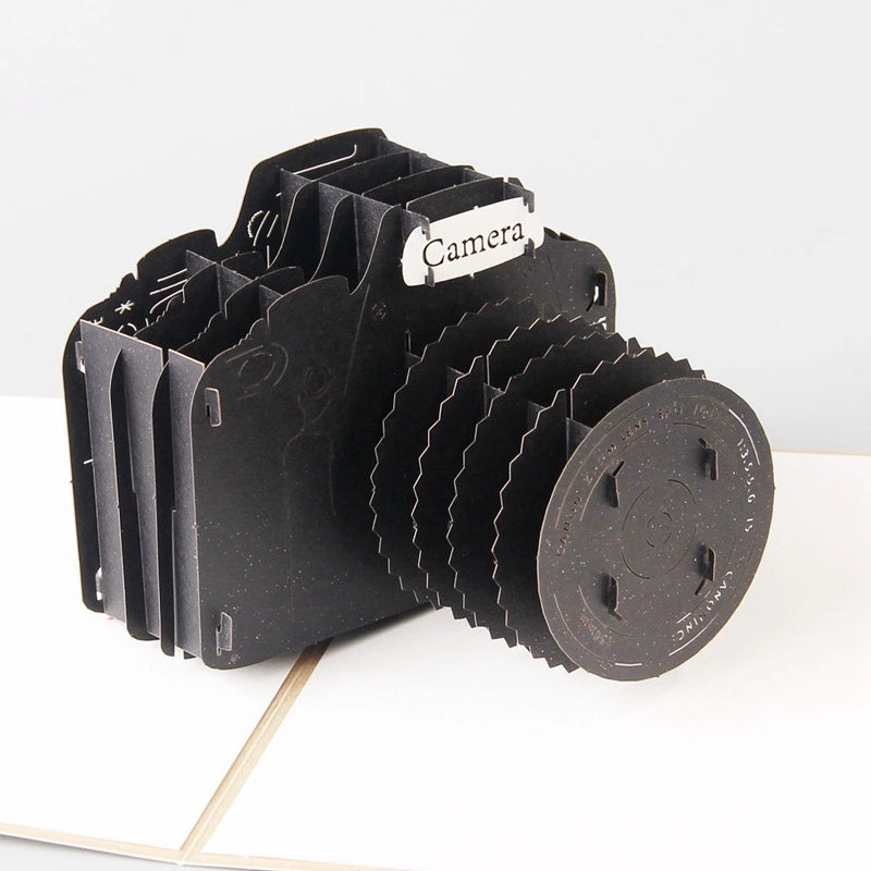 Detailed black camera 3D pop-up greeting card for photography lovers