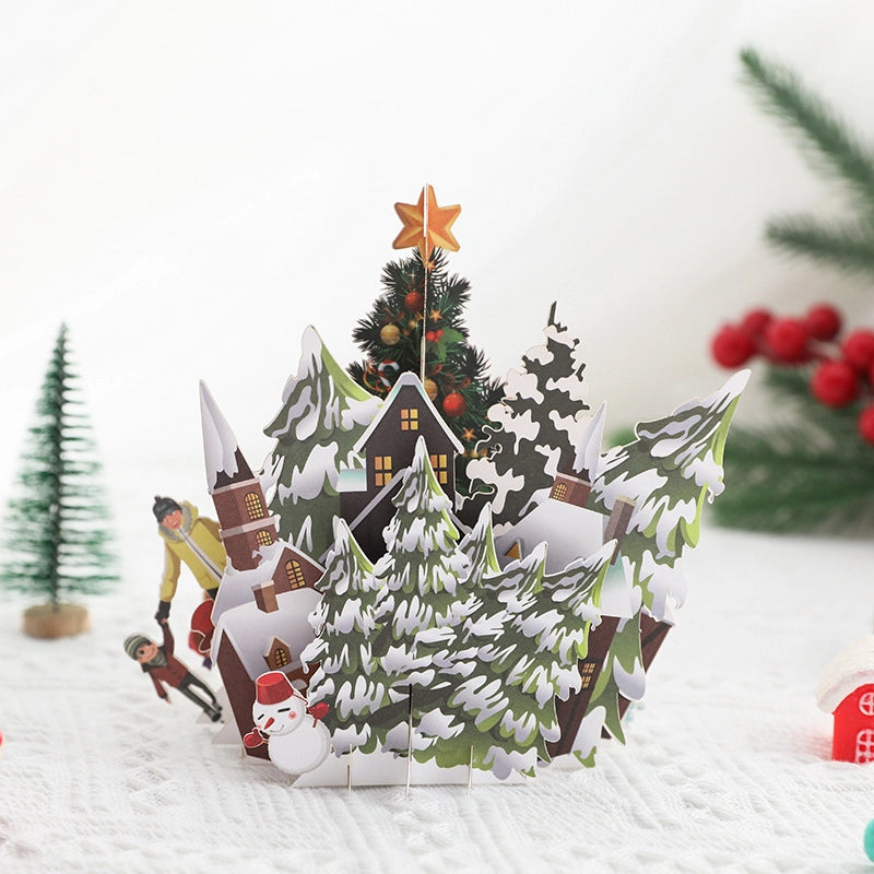 Detailed 3D Christmas card with snowy trees and winter village