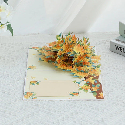 Open 3D floral pop-up greeting card with colorful paper flower bouquet