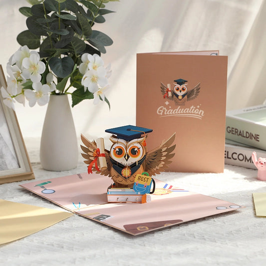 3D pop up graduation owl card with graduation cap and diploma