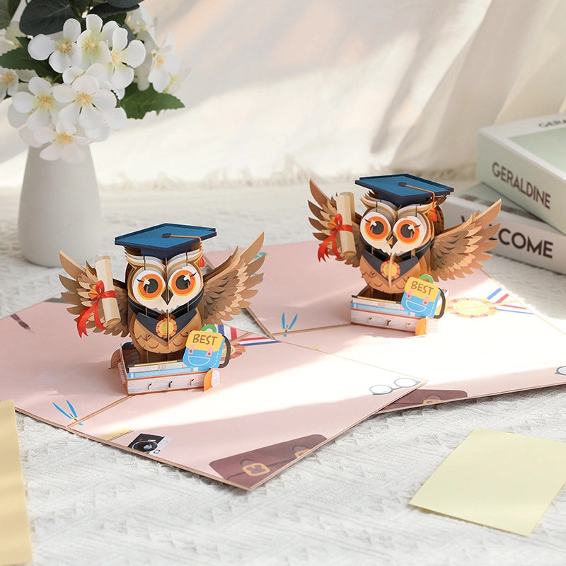 Graduation owl 3D pop up card opened and displayed