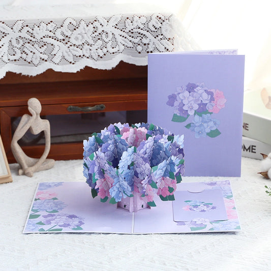 3D purple blue and pink hydrangea bouquet pop-up card opened