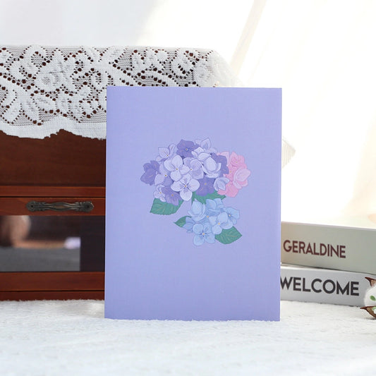 Purple hydrangea floral pop-up greeting card with matching envelope