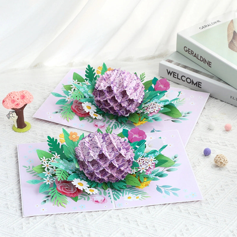 Purple hydrangea 3D pop-up card displayed as a paper flower bouquet