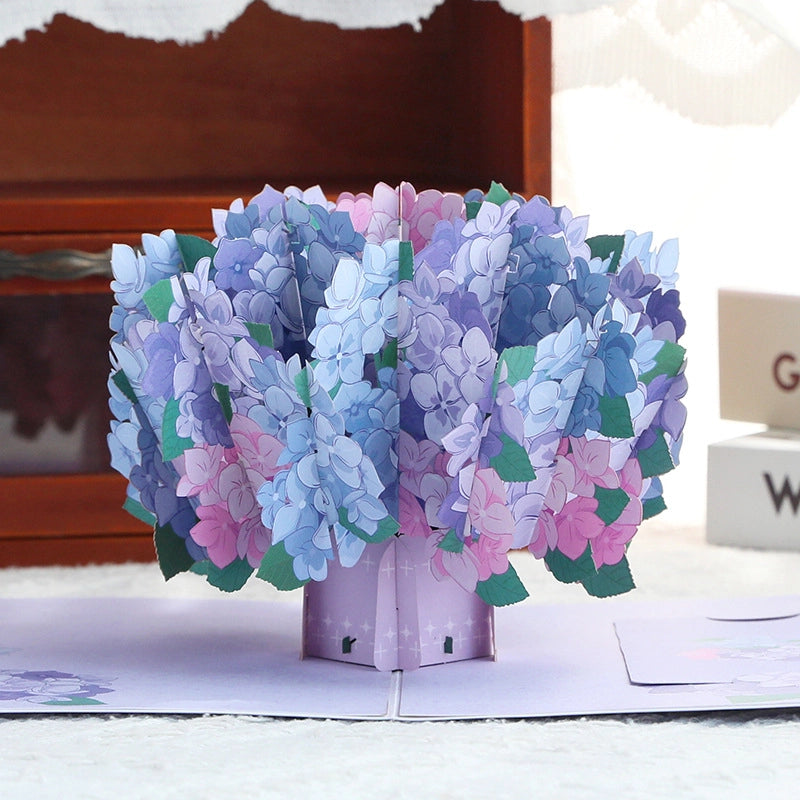 Detailed 3D hydrangea paper bouquet inside pop-up card
