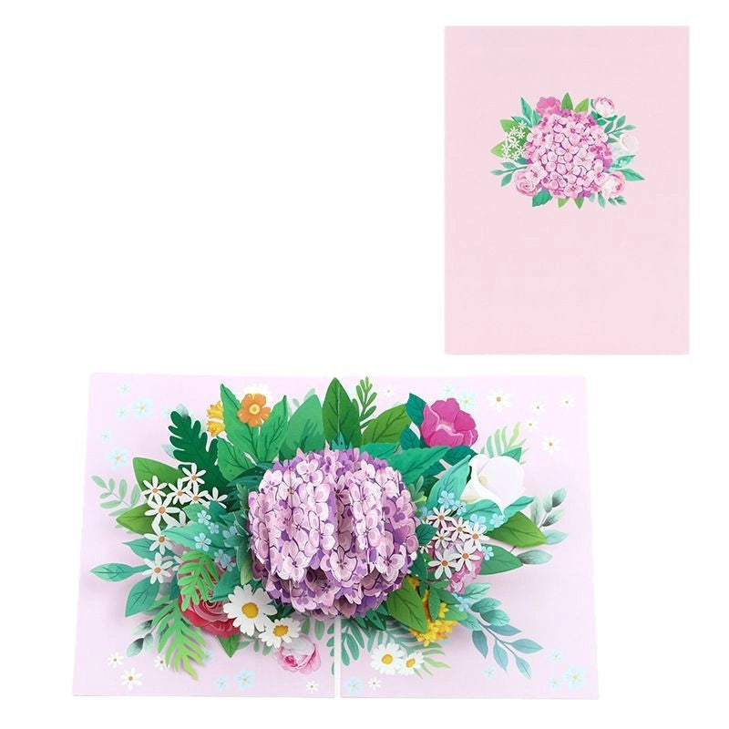 3D paper hydrangea bouquet pop-up greeting card floral design