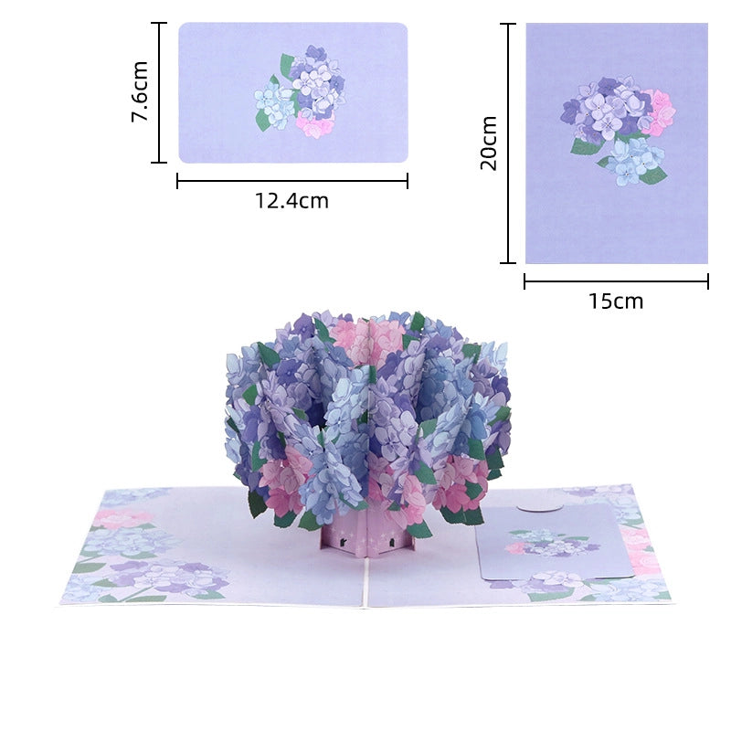3D hydrangea pop-up card dimensions and floral bouquet design