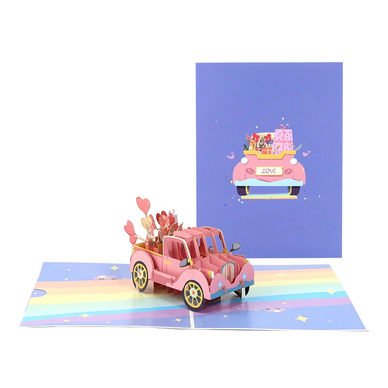 Pink love car pop-up card displayed with romantic gift design