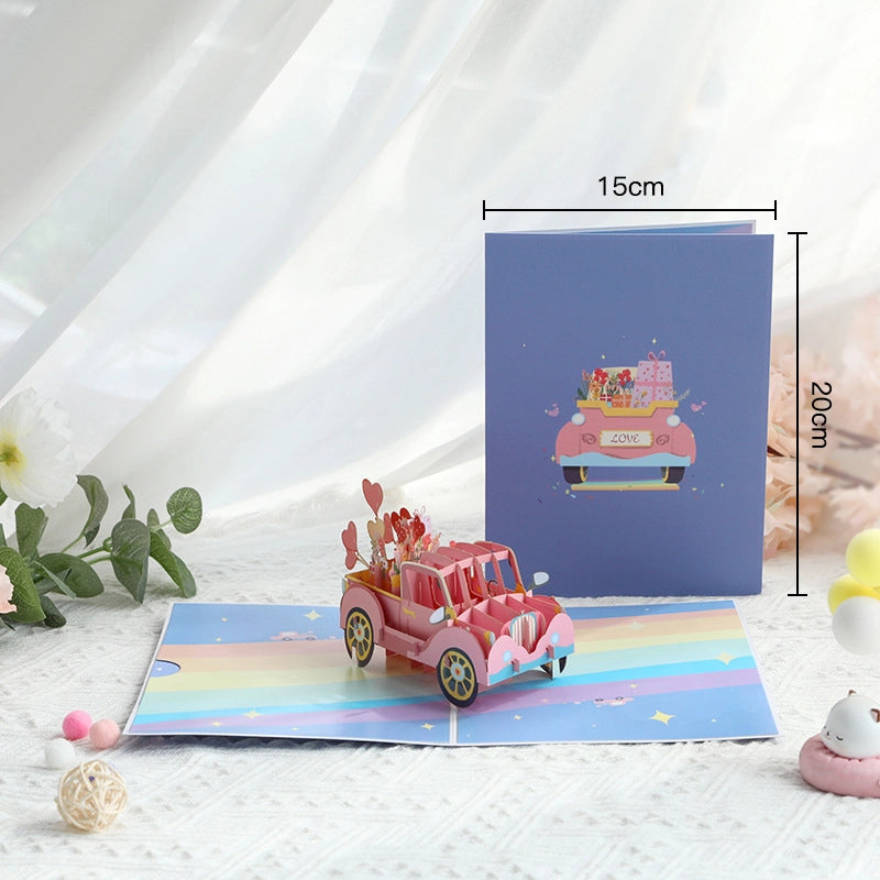 3D love car pop-up greeting card folded size 15 by 20 cm
