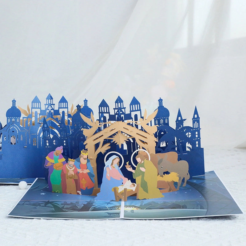 3D Nativity pop-up Christmas card featuring Baby Jesus Mary Joseph Three Wise Men and animals
