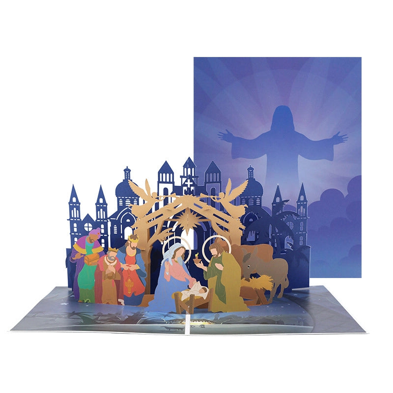 Open 3D Nativity Christmas card displaying Baby Jesus Mary Joseph Wise Men and Bethlehem scene