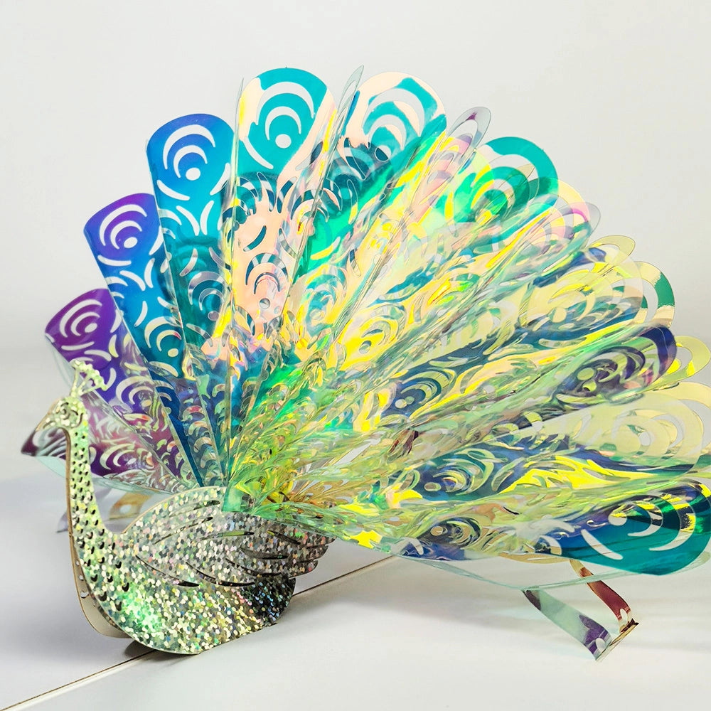 Open peacock pop-up greeting card displayed as a keepsake