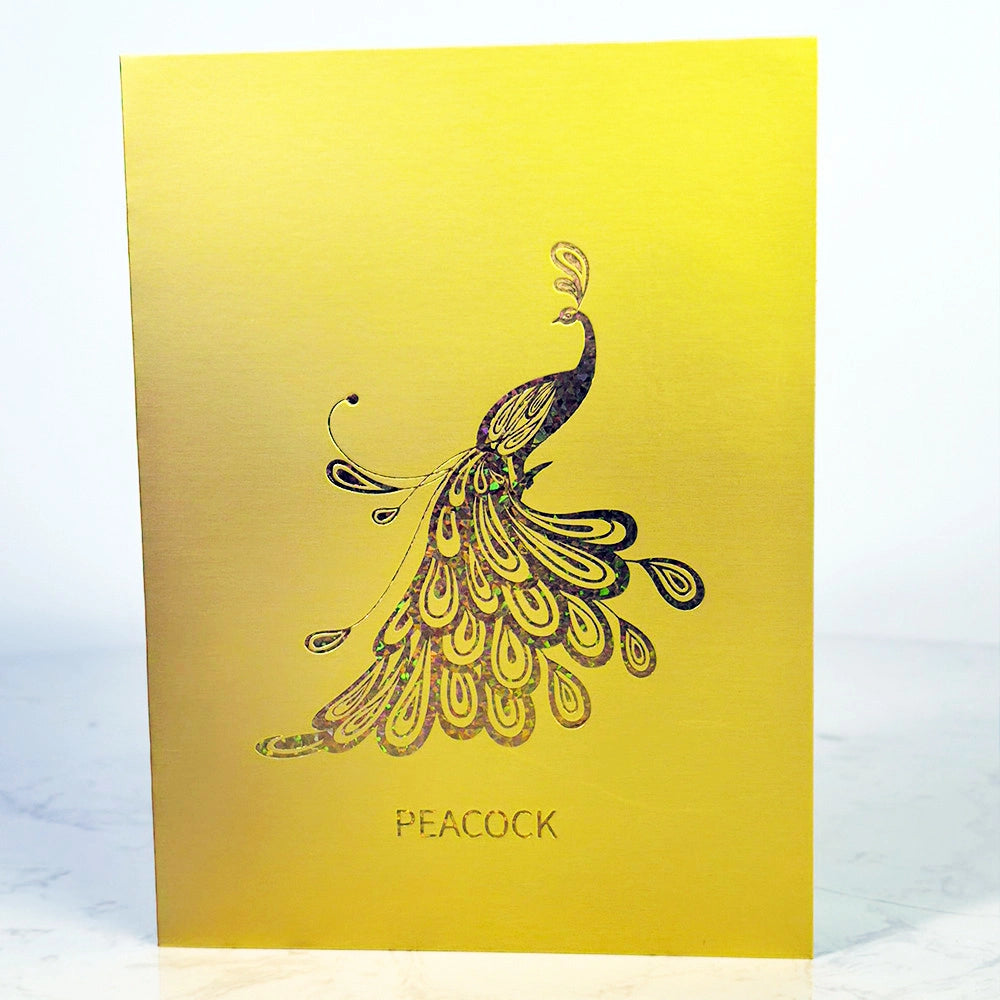 Elegant gold peacock greeting card with 3D pop-up design