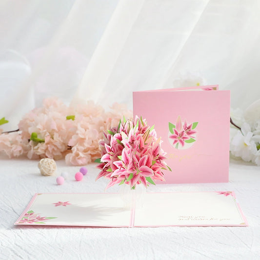 3D pink lily pop-up card opened with flower bouquet