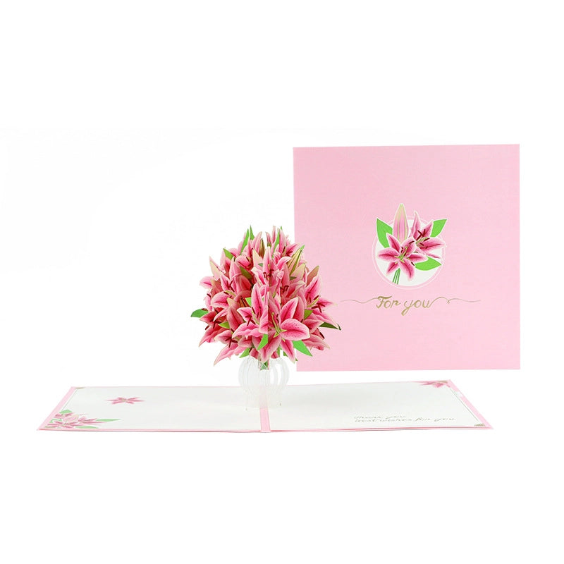 3D pink flower bouquet greeting card with For You design