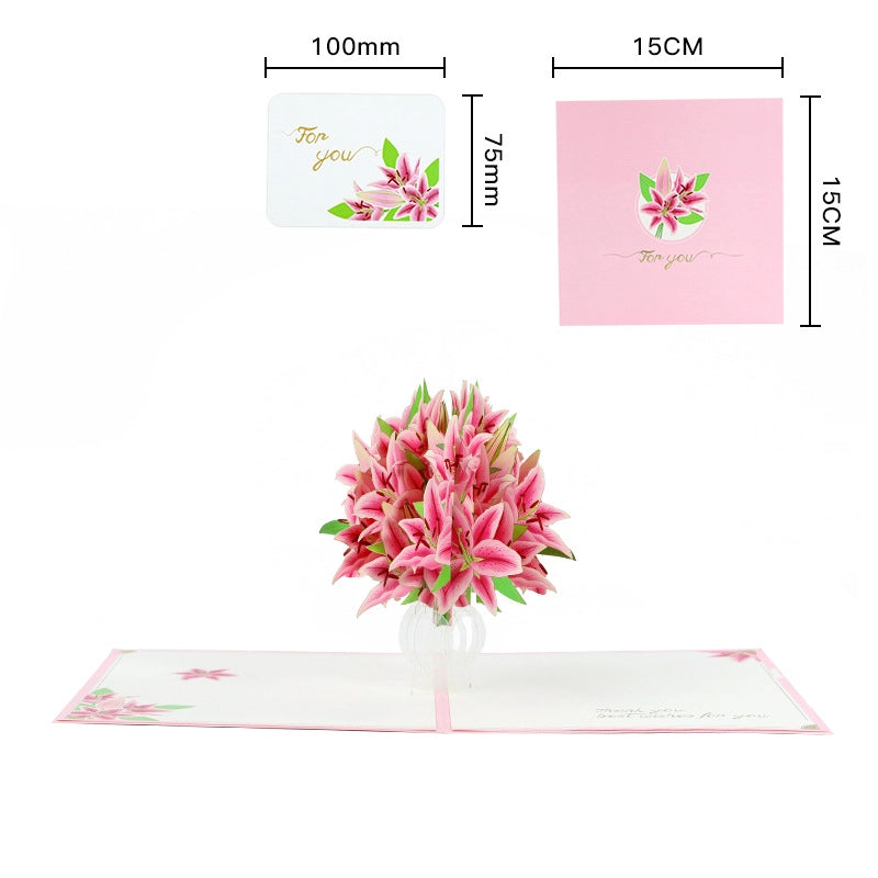 15cm pink lily 3D pop-up card size and flower bouquet