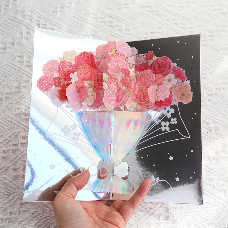 3D pink rose bouquet pop-up card with colorful flowers