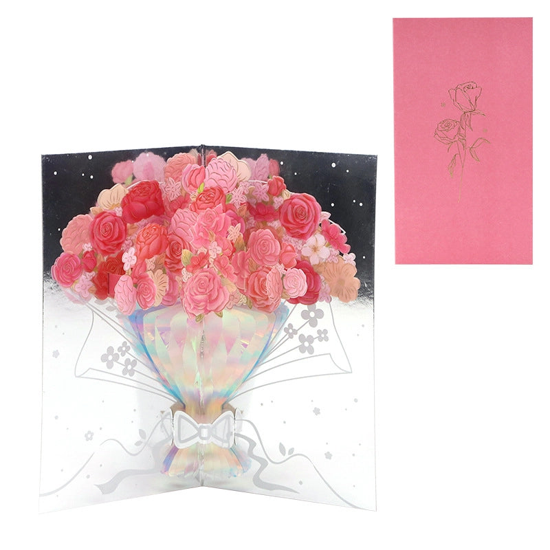 Open 3D rose bouquet greeting card with pink envelope