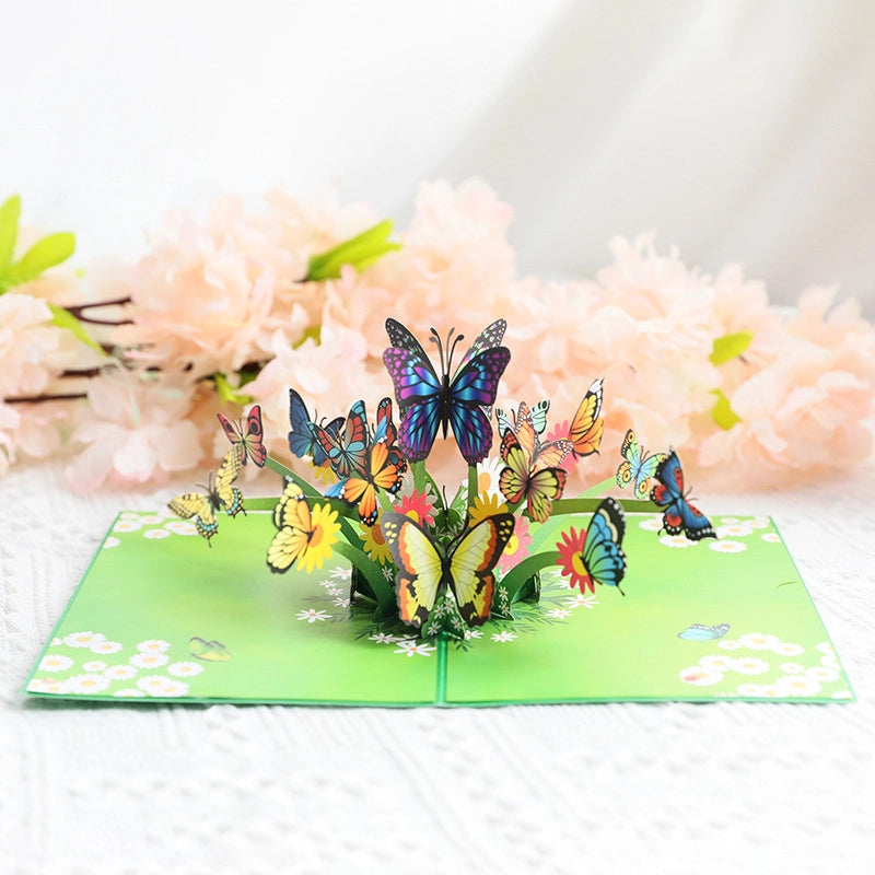 Colorful 3D butterfly garden card with vibrant butterflies and floral details