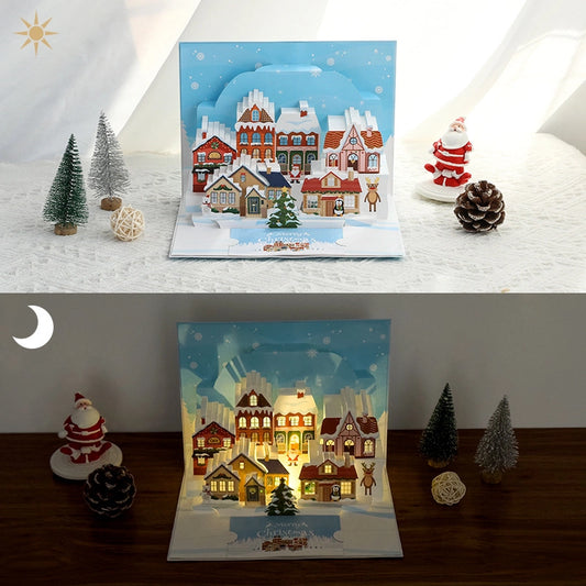 3D Christmas village light up pop up card open view